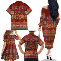 Oxblood Batik Papua-inspired Pattern Family Matching Off The Shoulder Long Sleeve Dress and Hawaiian Shirt - Polynesian Pride