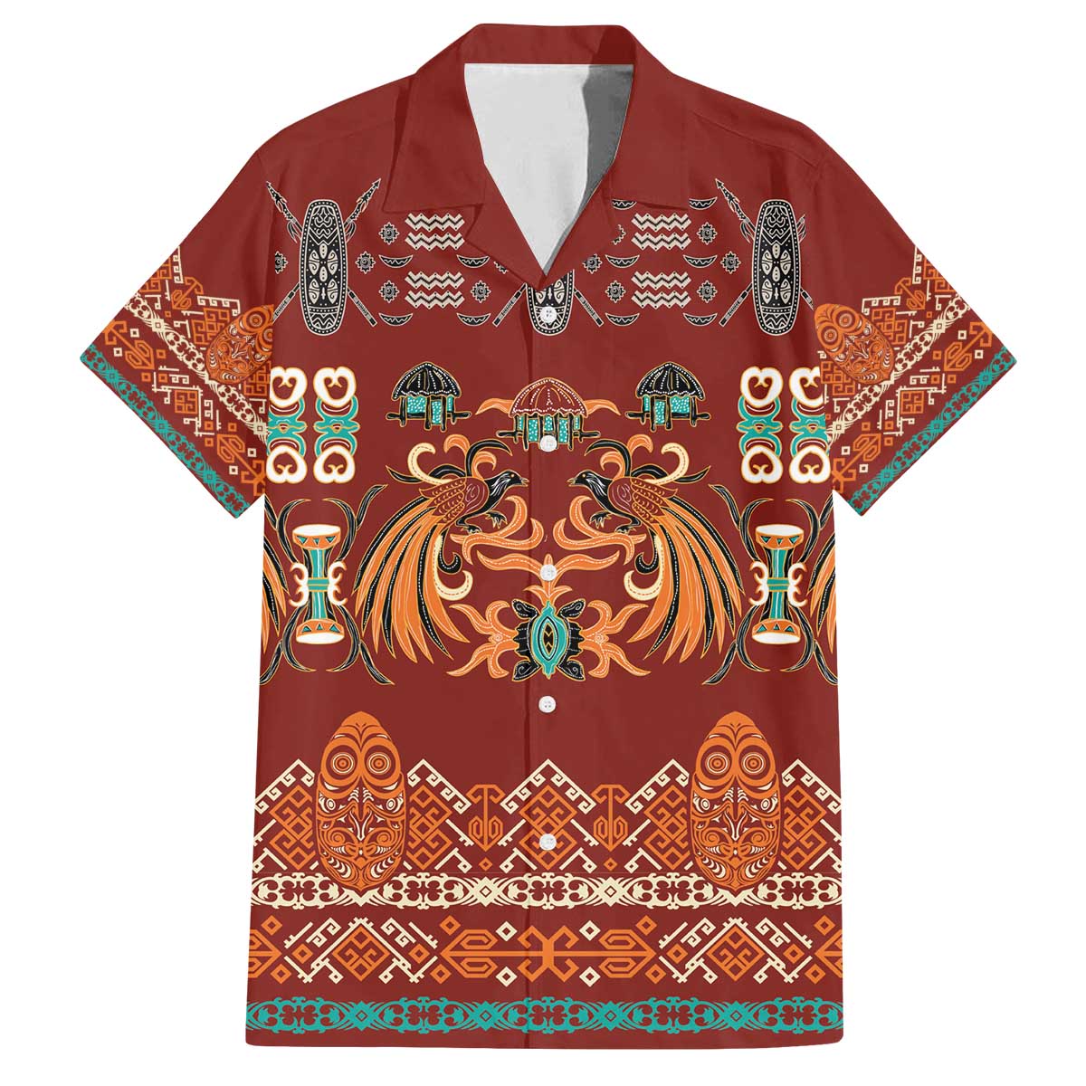 Oxblood Batik Papua-inspired Pattern Family Matching Off The Shoulder Long Sleeve Dress and Hawaiian Shirt - Polynesian Pride