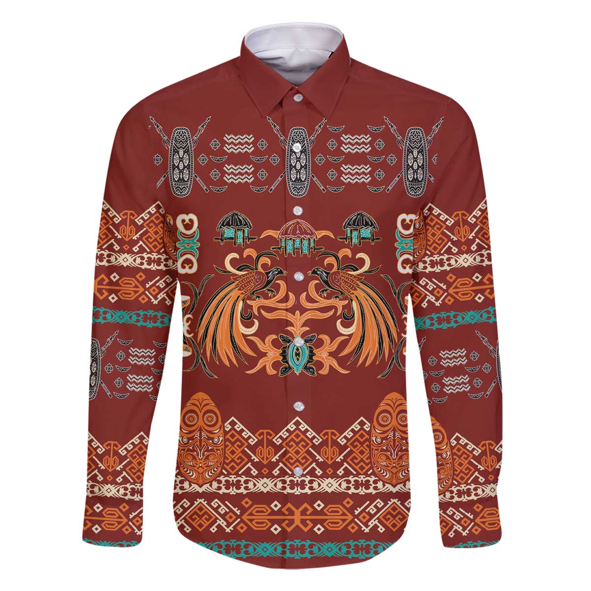 Oxblood Batik Papua-inspired Pattern Family Matching Off The Shoulder Long Sleeve Dress and Hawaiian Shirt - Polynesian Pride