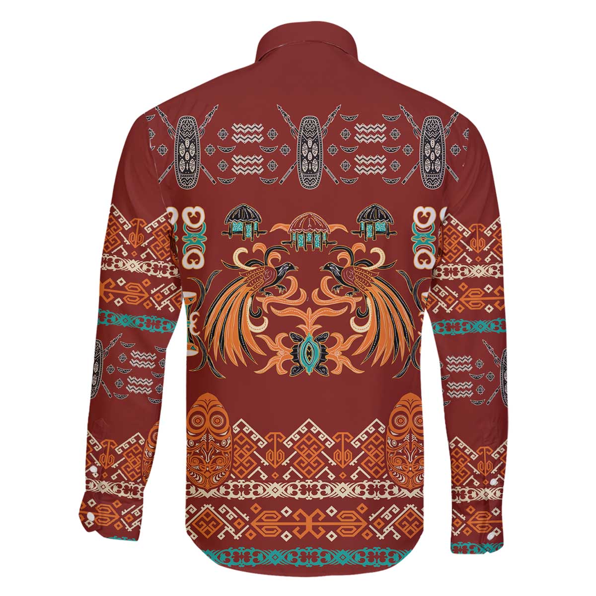 Oxblood Batik Papua-inspired Pattern Family Matching Off The Shoulder Long Sleeve Dress and Hawaiian Shirt - Polynesian Pride