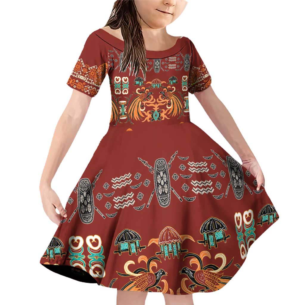 Oxblood Batik Papua-inspired Pattern Family Matching Off Shoulder Short Dress and Hawaiian Shirt - Polynesian Pride