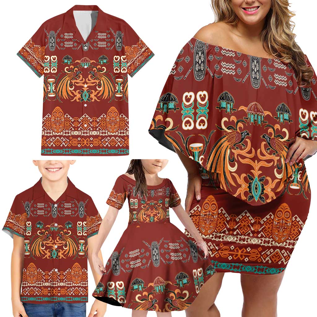 Oxblood Batik Papua-inspired Pattern Family Matching Off Shoulder Short Dress and Hawaiian Shirt - Polynesian Pride