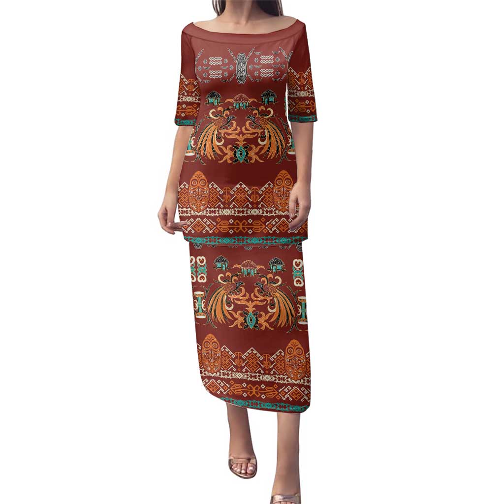 Oxblood Batik Papua-inspired Pattern Family Matching Puletasi and Hawaiian Shirt - Polynesian Pride