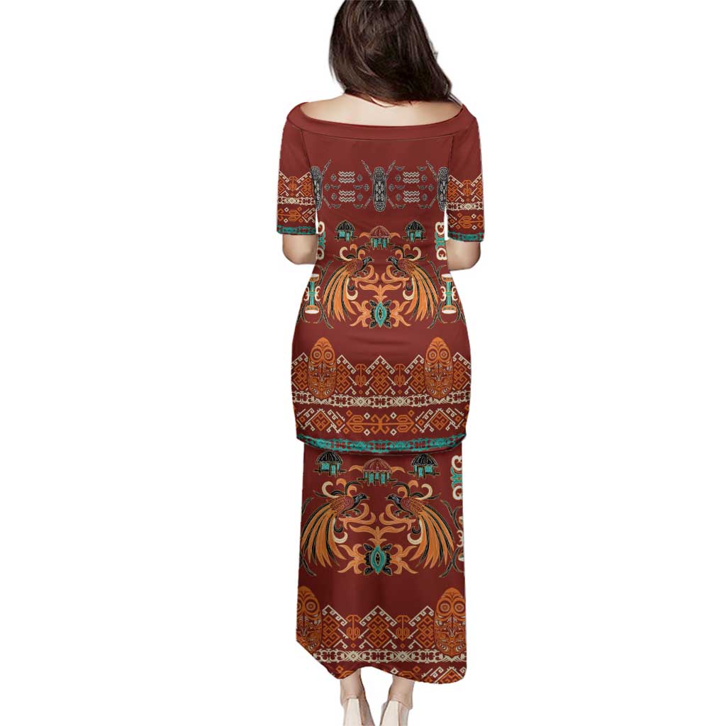 Oxblood Batik Papua-inspired Pattern Family Matching Puletasi and Hawaiian Shirt - Polynesian Pride