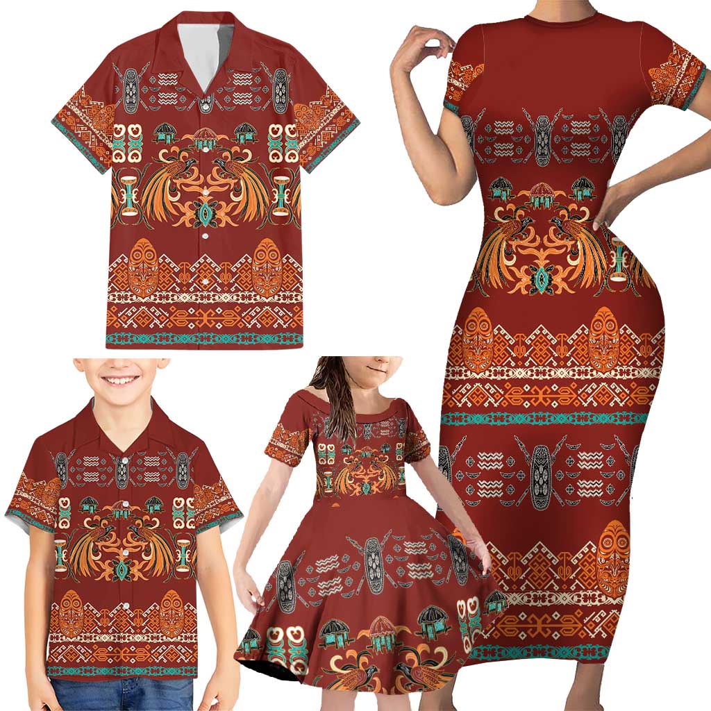 Oxblood Batik Papua-inspired Pattern Family Matching Short Sleeve Bodycon Dress and Hawaiian Shirt - Polynesian Pride