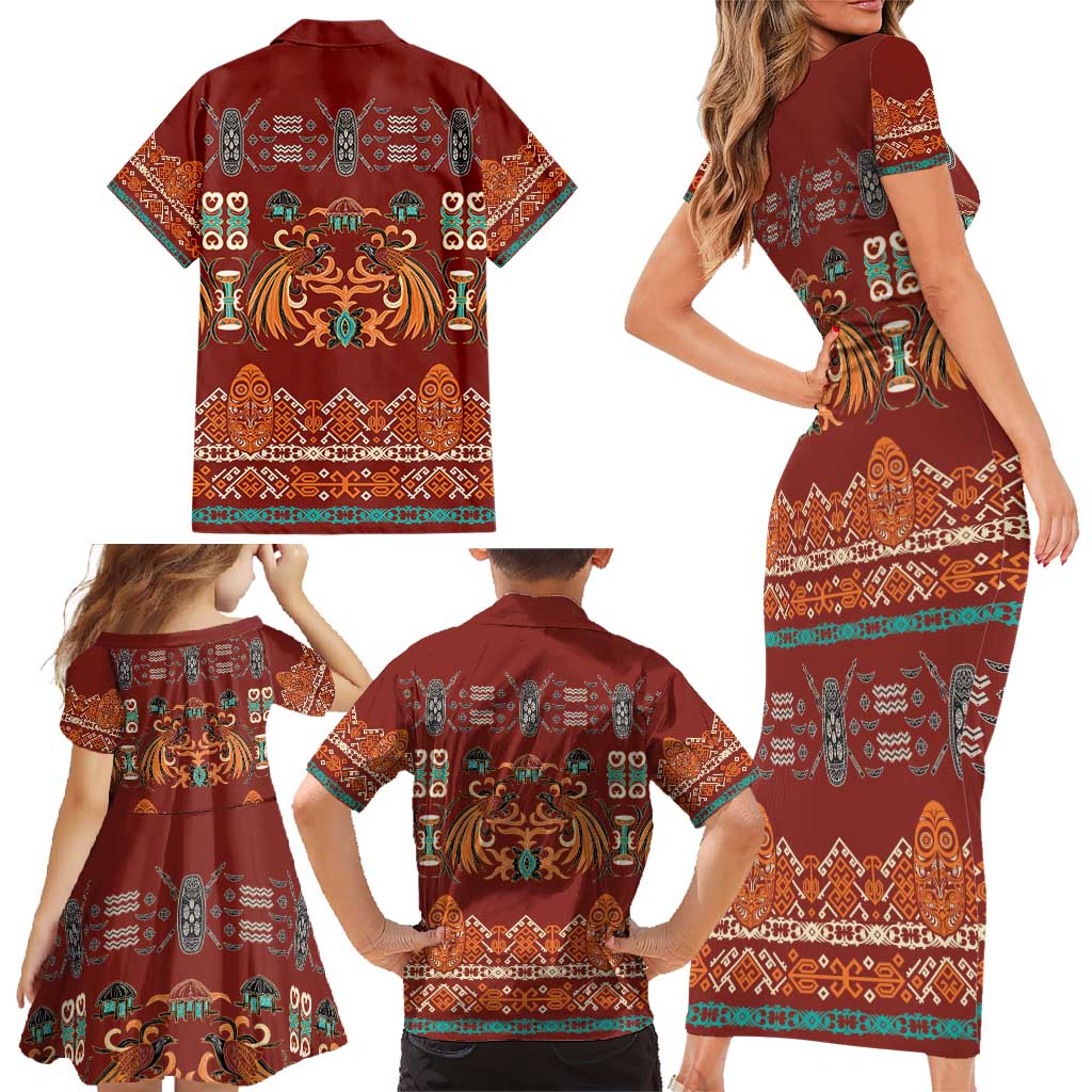 Oxblood Batik Papua-inspired Pattern Family Matching Short Sleeve Bodycon Dress and Hawaiian Shirt LT9 - Polynesian Pride