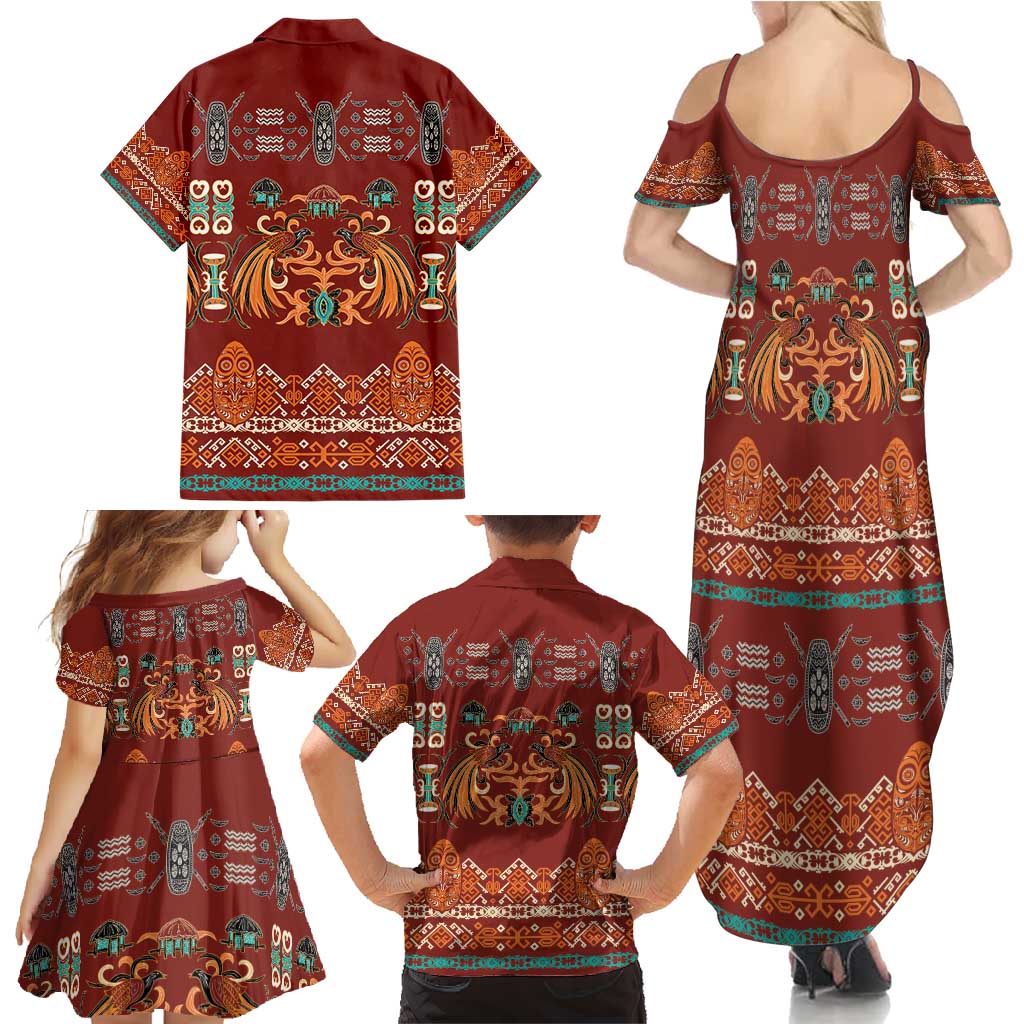 Oxblood Batik Papua-inspired Pattern Family Matching Summer Maxi Dress and Hawaiian Shirt - Polynesian Pride