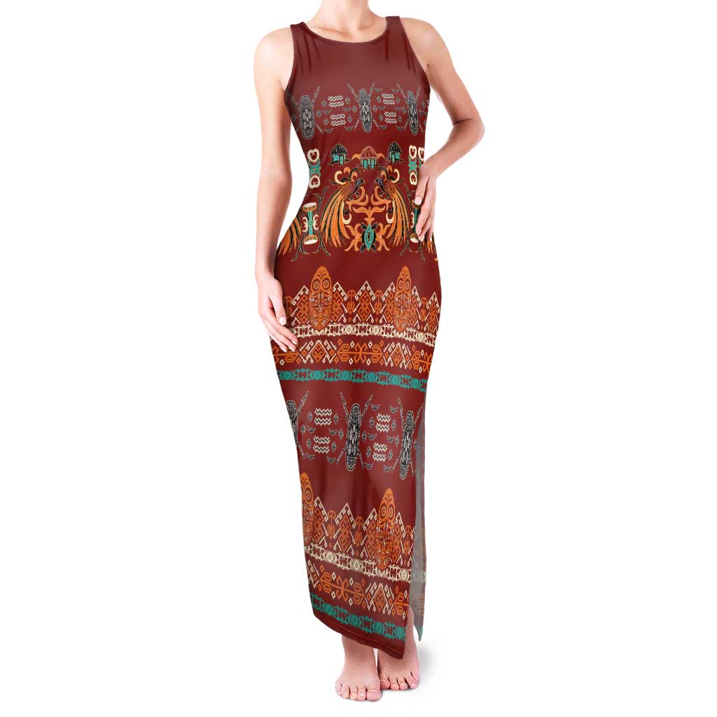 Oxblood Batik Papua-inspired Pattern Family Matching Tank Maxi Dress and Hawaiian Shirt - Polynesian Pride