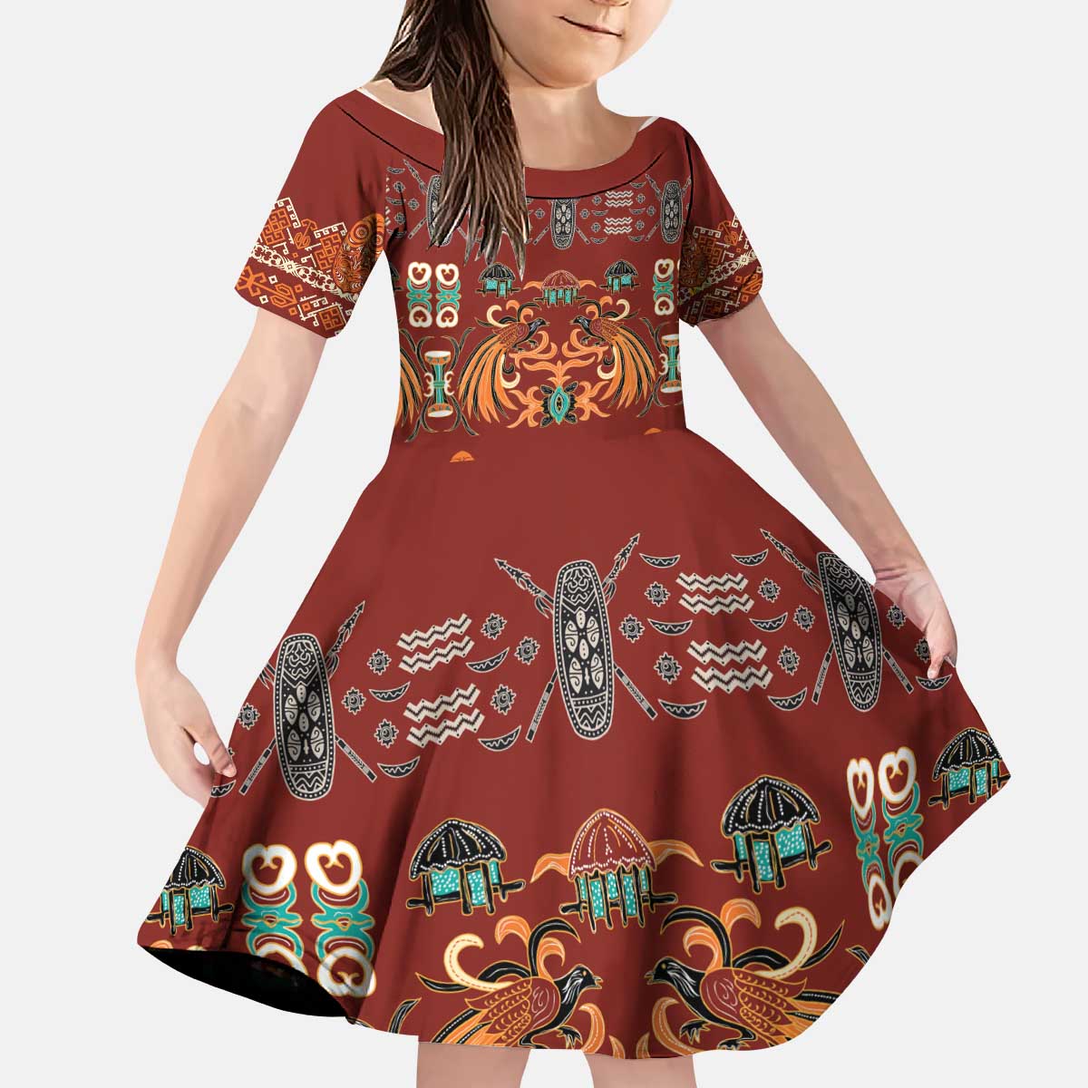 Oxblood Batik Papua-inspired Pattern Kid Short Sleeve Dress - Polynesian Pride