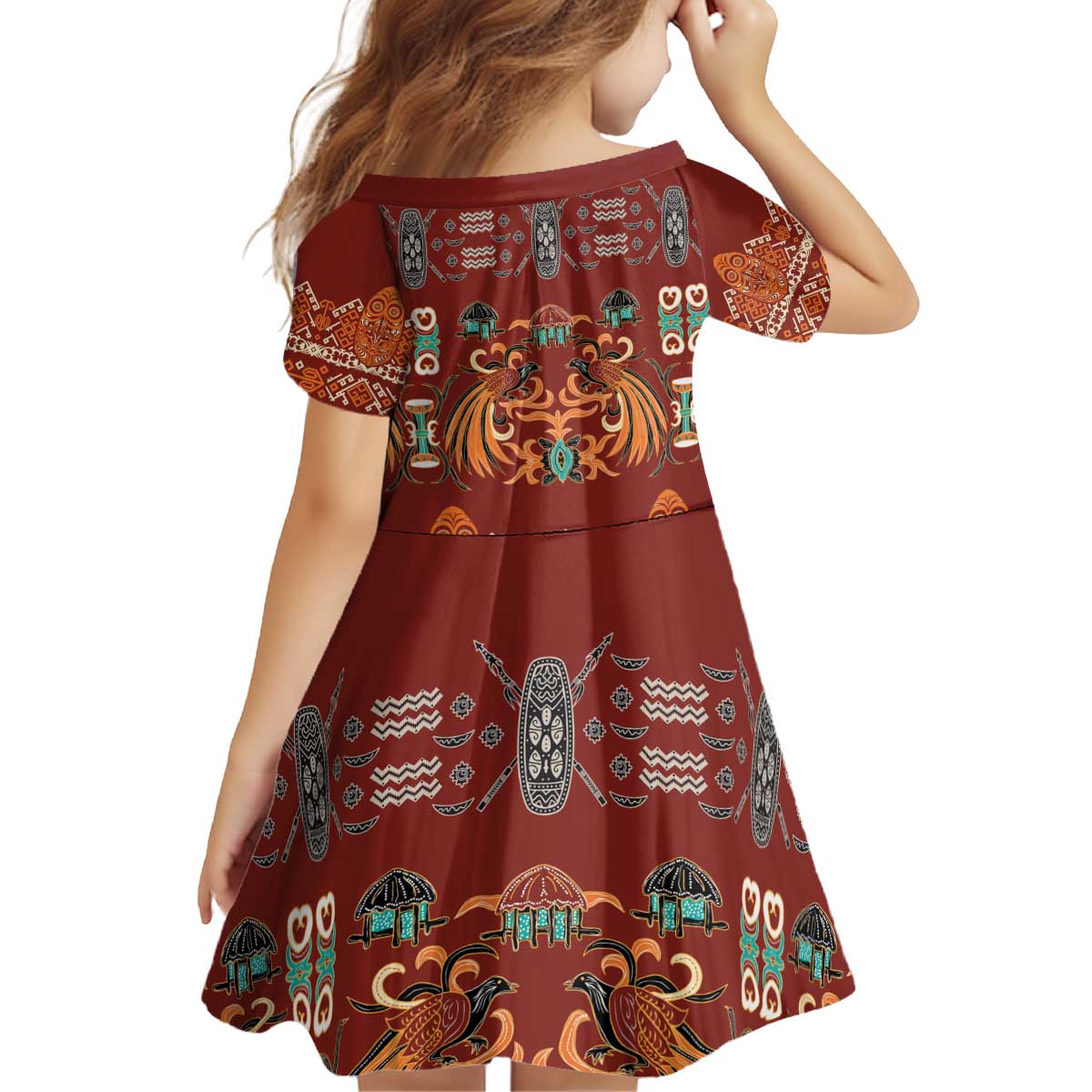 Oxblood Batik Papua-inspired Pattern Kid Short Sleeve Dress - Polynesian Pride