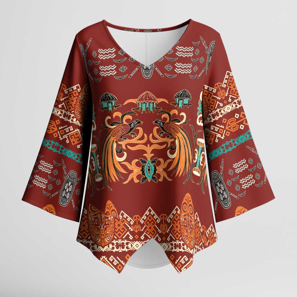 Oxblood Batik Papua-inspired Pattern Kimono Sleeve Blouse LT9 Female Red - Polynesian Pride