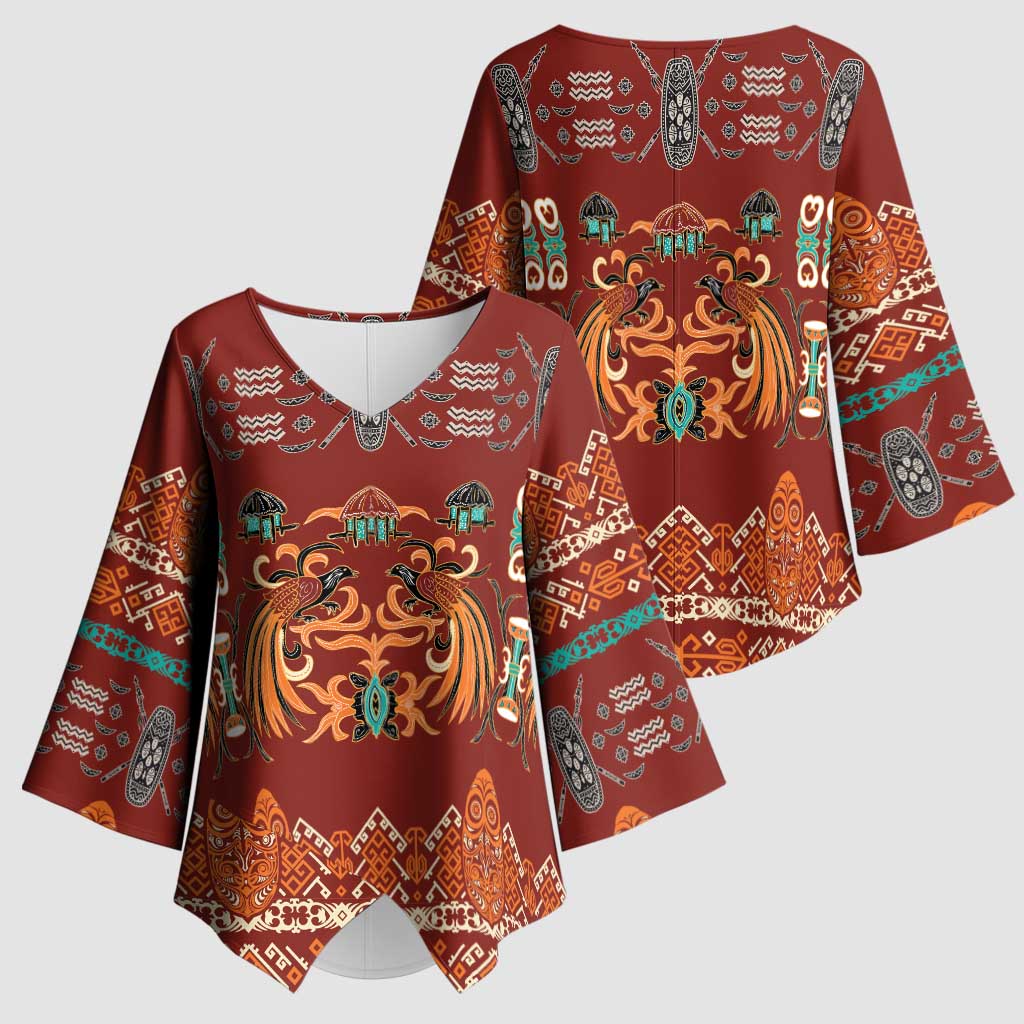 Oxblood Batik Papua-inspired Pattern Kimono Sleeve Blouse LT9 - Polynesian Pride