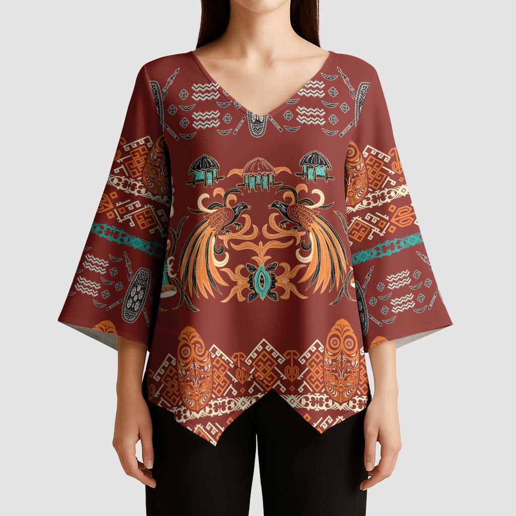 Oxblood Batik Papua-inspired Pattern Kimono Sleeve Blouse LT9 - Polynesian Pride