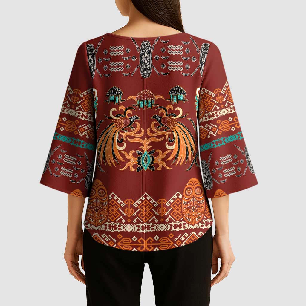 Oxblood Batik Papua-inspired Pattern Kimono Sleeve Blouse LT9 - Polynesian Pride