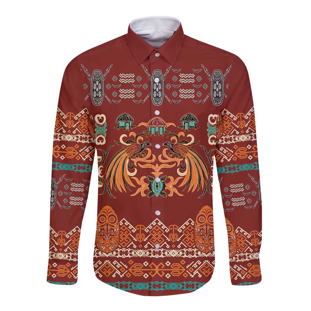 Oxblood Batik Papua-inspired Pattern Long Sleeve Button Shirt - Polynesian Pride