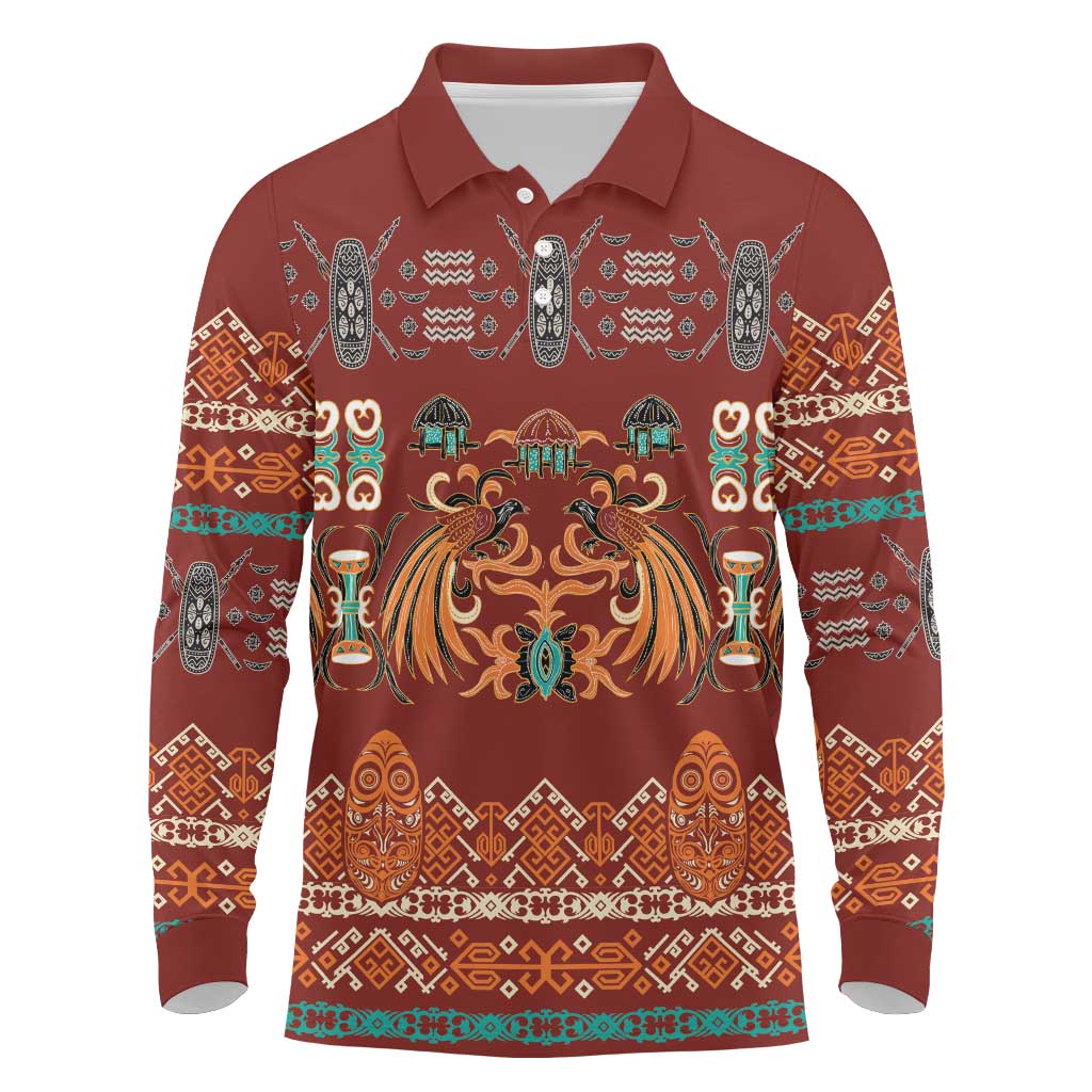 Oxblood Batik Papua-inspired Pattern Long Sleeve Polo Shirt LT9 Red - Polynesian Pride