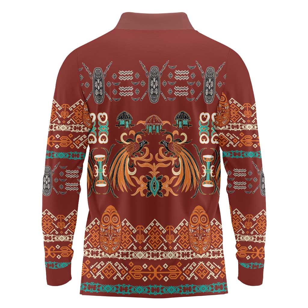 Oxblood Batik Papua-inspired Pattern Long Sleeve Polo Shirt LT9 - Polynesian Pride