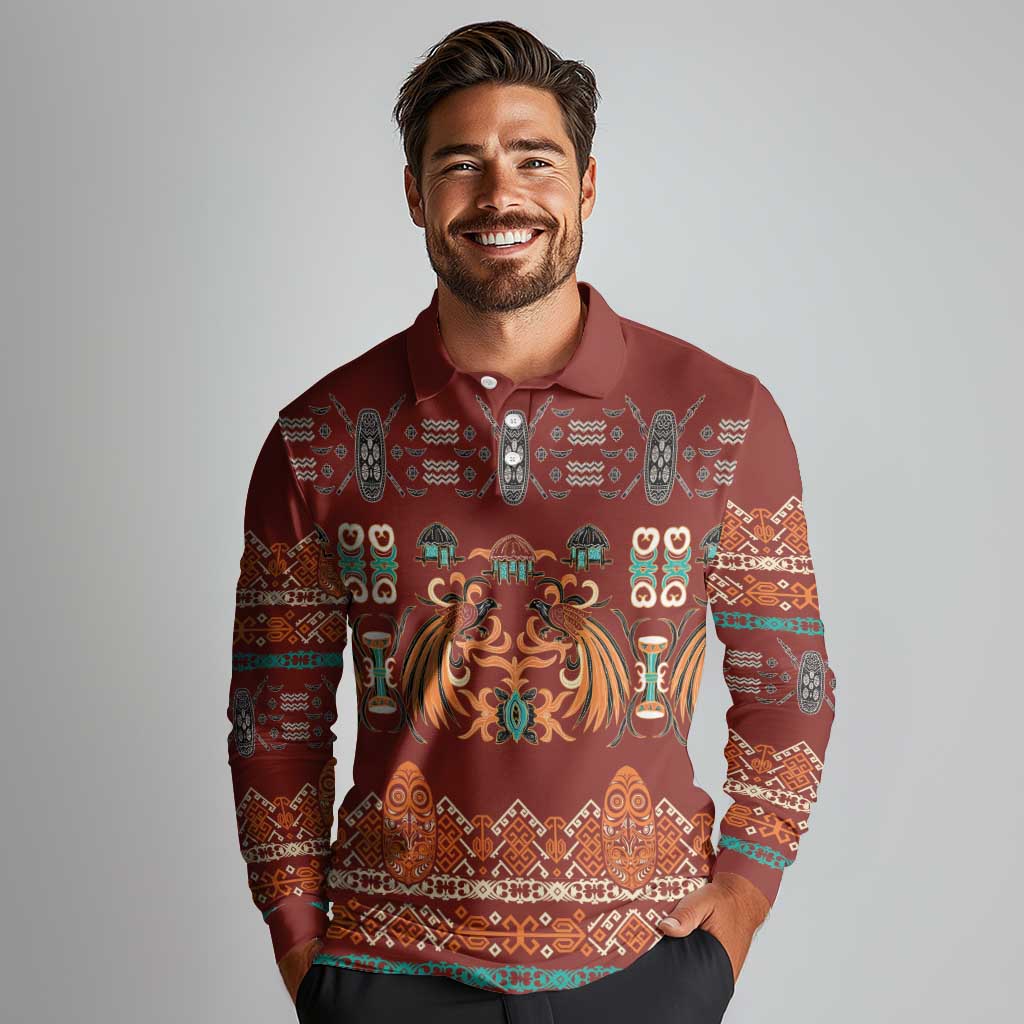Oxblood Batik Papua-inspired Pattern Long Sleeve Polo Shirt LT9 - Polynesian Pride
