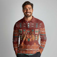 Oxblood Batik Papua-inspired Pattern Long Sleeve Polo Shirt LT9 - Polynesian Pride
