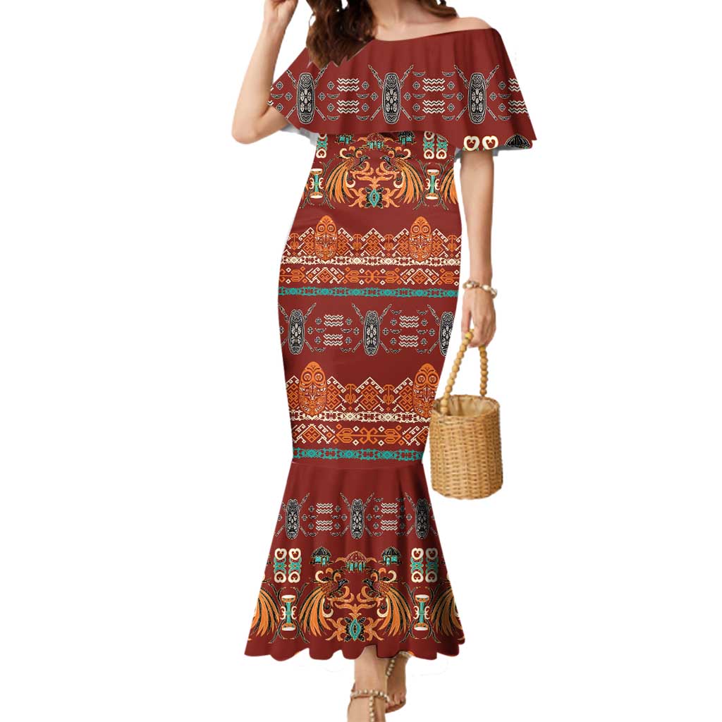 Oxblood Batik Papua-inspired Pattern Mermaid Dress LT9 Women Red - Polynesian Pride