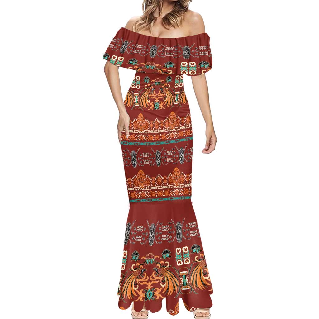 Oxblood Batik Papua-inspired Pattern Mermaid Dress LT9 - Polynesian Pride