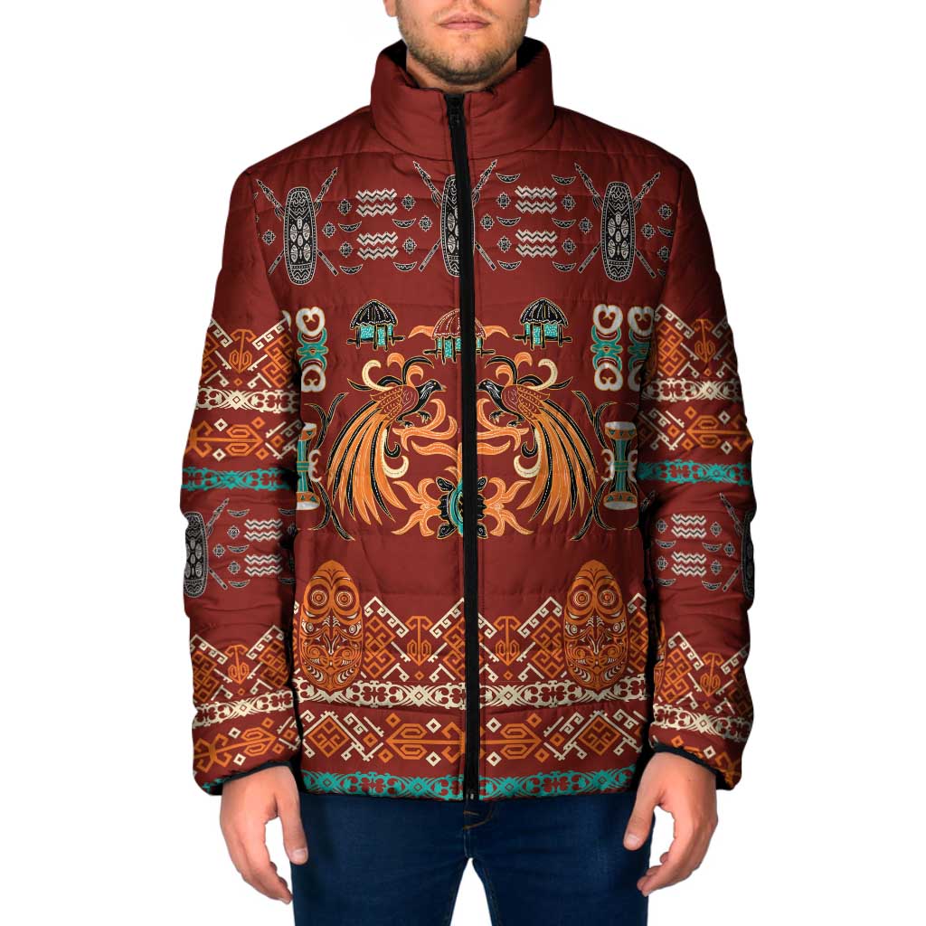 Oxblood Batik Papua-inspired Pattern Padded Jacket - Polynesian Pride