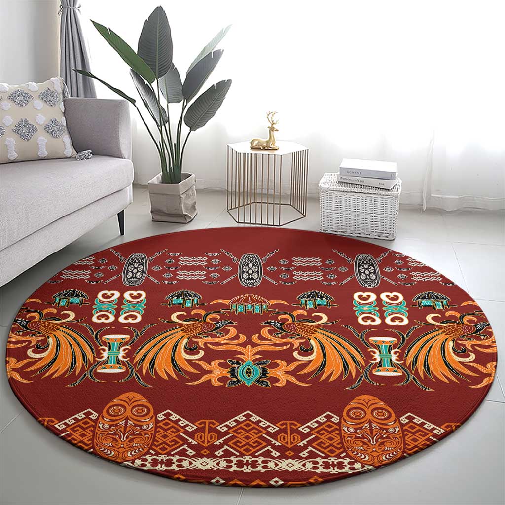 Oxblood Batik Papua-inspired Pattern Round Carpet - Polynesian Pride
