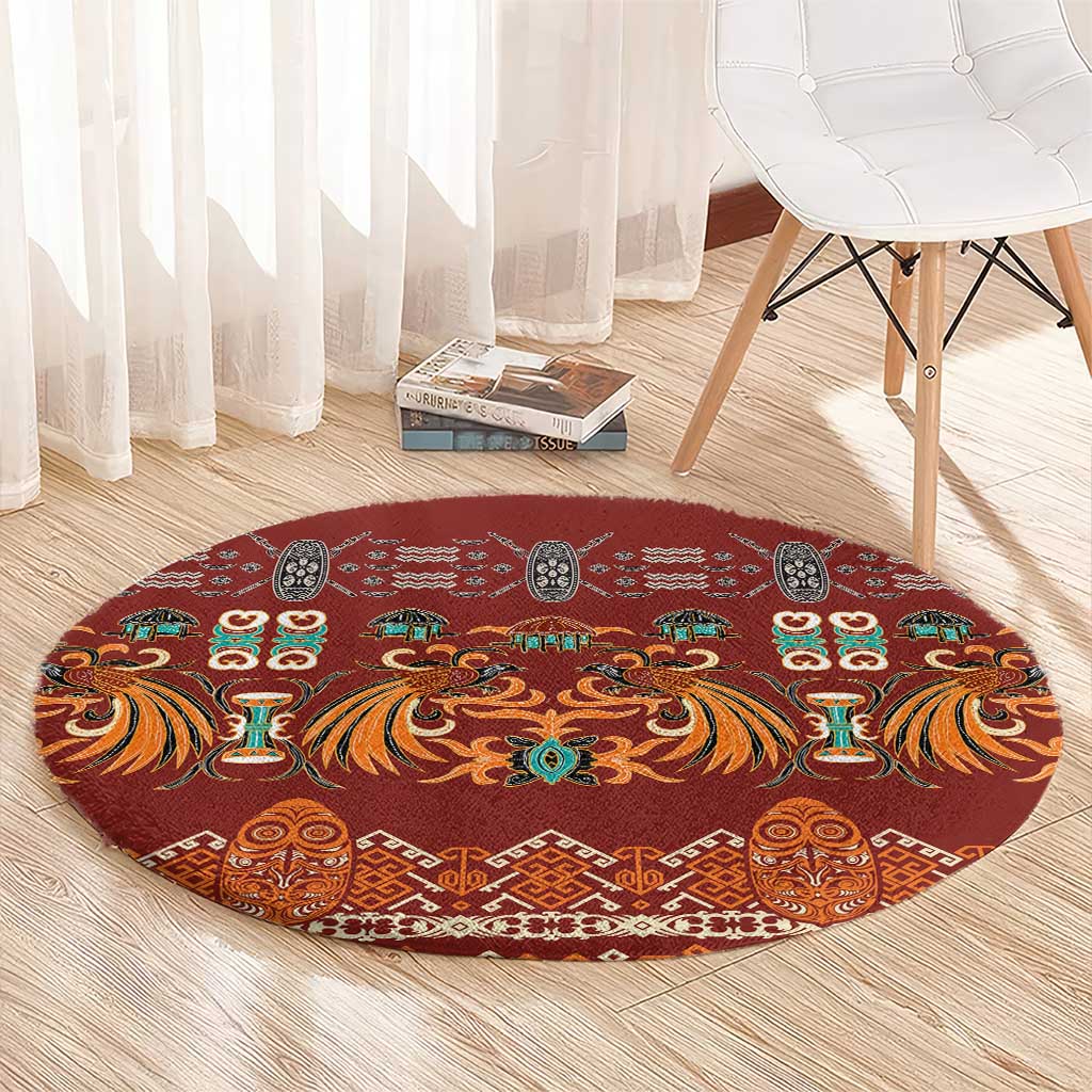 Oxblood Batik Papua-inspired Pattern Round Carpet - Polynesian Pride
