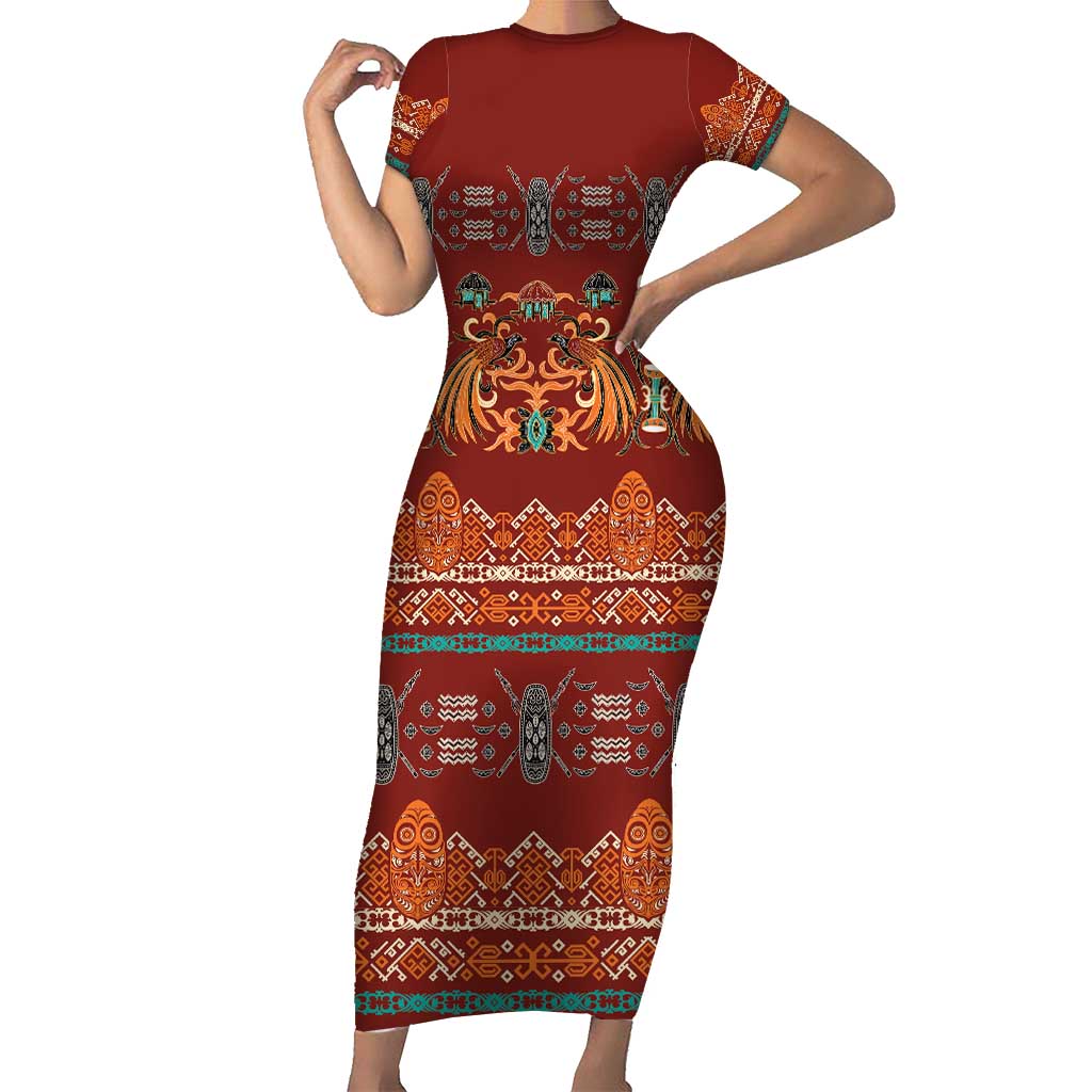Oxblood Batik Papua-inspired Pattern Short Sleeve Bodycon Dress LT9 Long Dress Red - Polynesian Pride