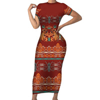 Oxblood Batik Papua-inspired Pattern Short Sleeve Bodycon Dress LT9 Long Dress Red - Polynesian Pride