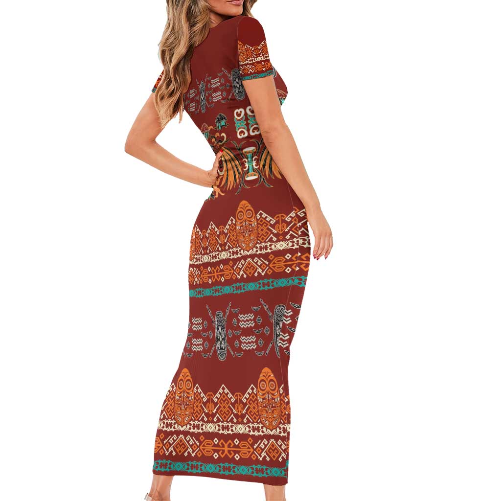 Oxblood Batik Papua-inspired Pattern Short Sleeve Bodycon Dress LT9 - Polynesian Pride