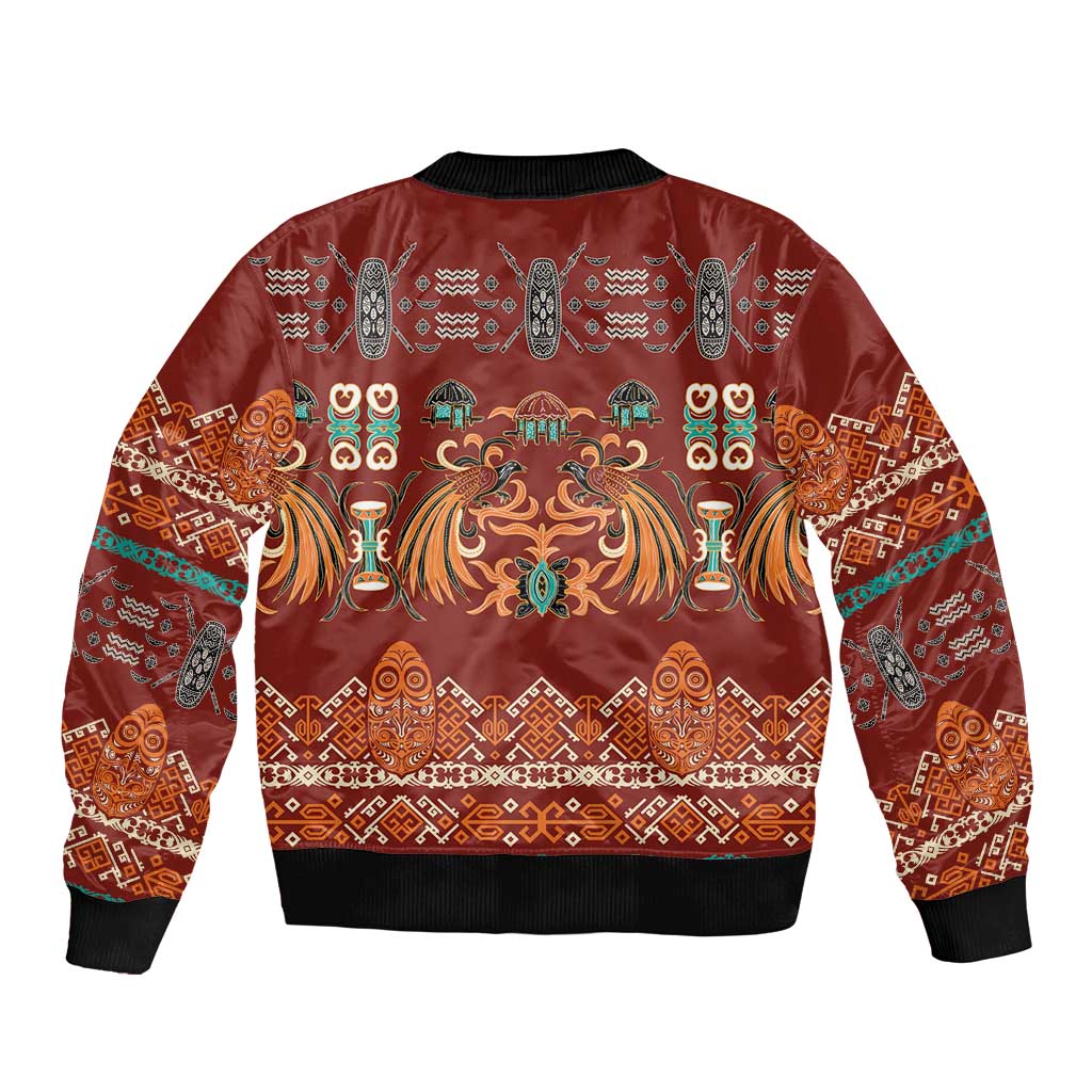 Oxblood Batik Papua-inspired Pattern Sleeve Zip Bomber Jacket - Polynesian Pride