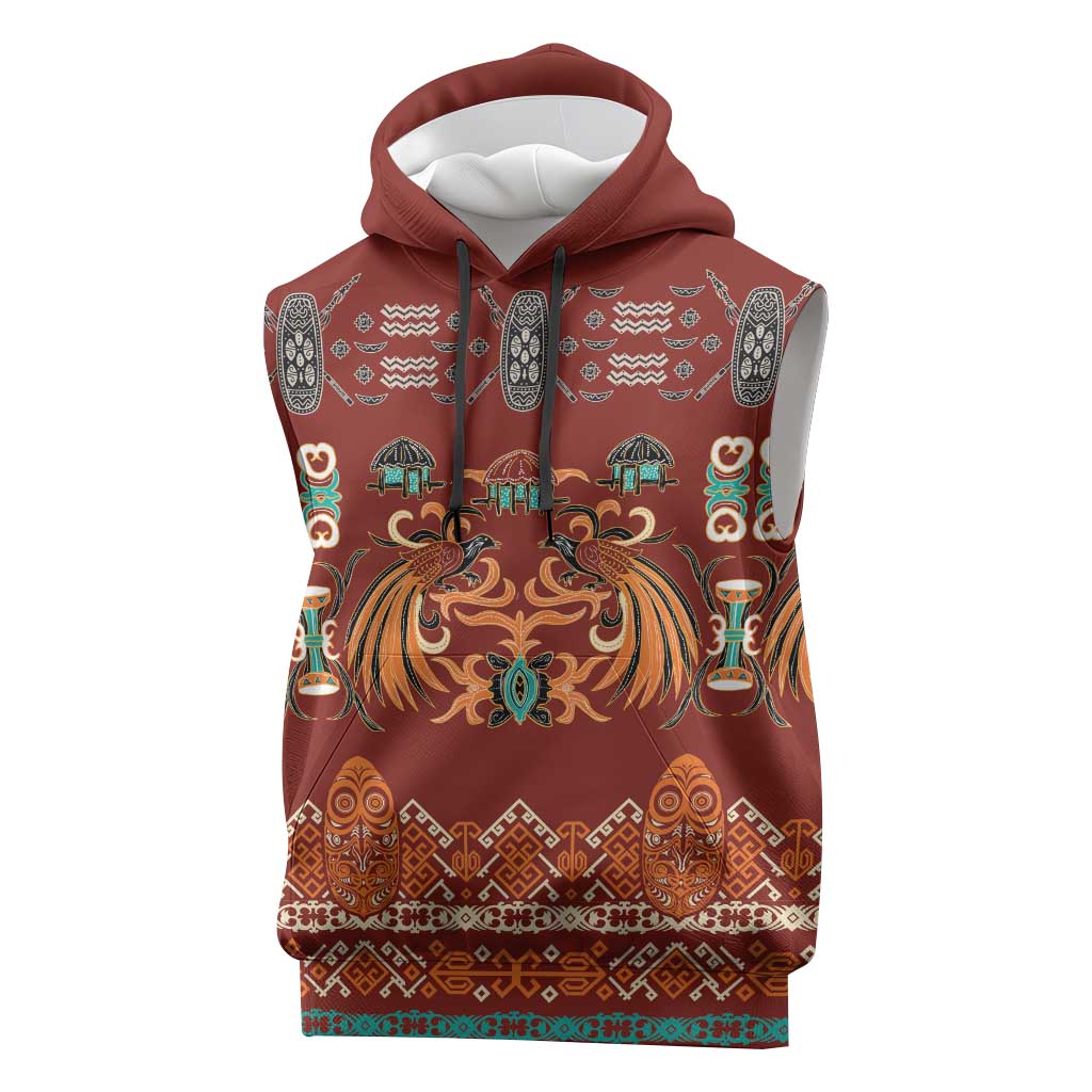 Oxblood Batik Papua-inspired Pattern Sleeveless Hoodie LT9 Red - Polynesian Pride