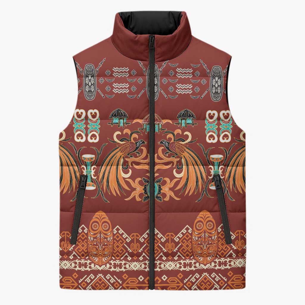 Oxblood Batik Papua-inspired Pattern Sleeveless Puffer Jacket LT9 Unisex Red - Polynesian Pride