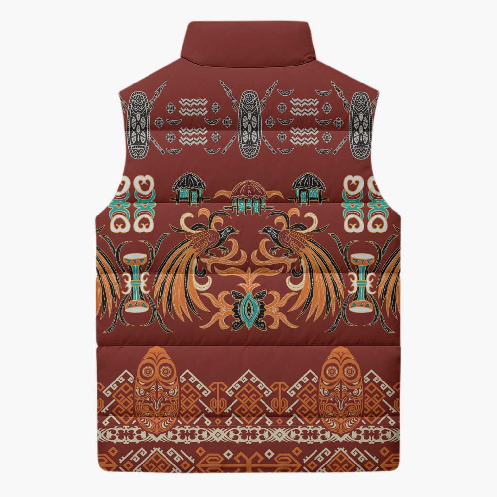 Oxblood Batik Papua-inspired Pattern Sleeveless Puffer Jacket LT9 - Polynesian Pride