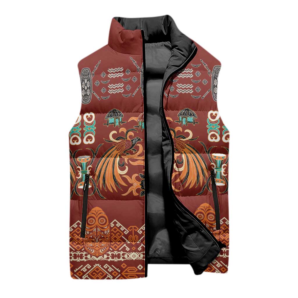 Oxblood Batik Papua-inspired Pattern Sleeveless Puffer Jacket LT9 - Polynesian Pride