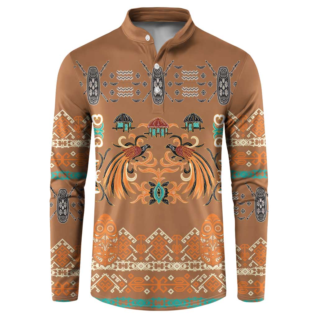 Terracotta Batik Papua-inspired Pattern Button Sweatshirt LT9 Gold - Polynesian Pride
