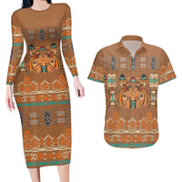 Terracotta Batik Papua-inspired Pattern Couples Matching Long Sleeve Bodycon Dress and Hawaiian Shirt - Polynesian Pride