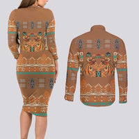 Terracotta Batik Papua-inspired Pattern Couples Matching Long Sleeve Bodycon Dress and Long Sleeve Button Shirt - Polynesian Pride