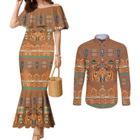 Terracotta Batik Papua-inspired Pattern Couples Matching Mermaid Dress and Long Sleeve Button Shirt - Polynesian Pride