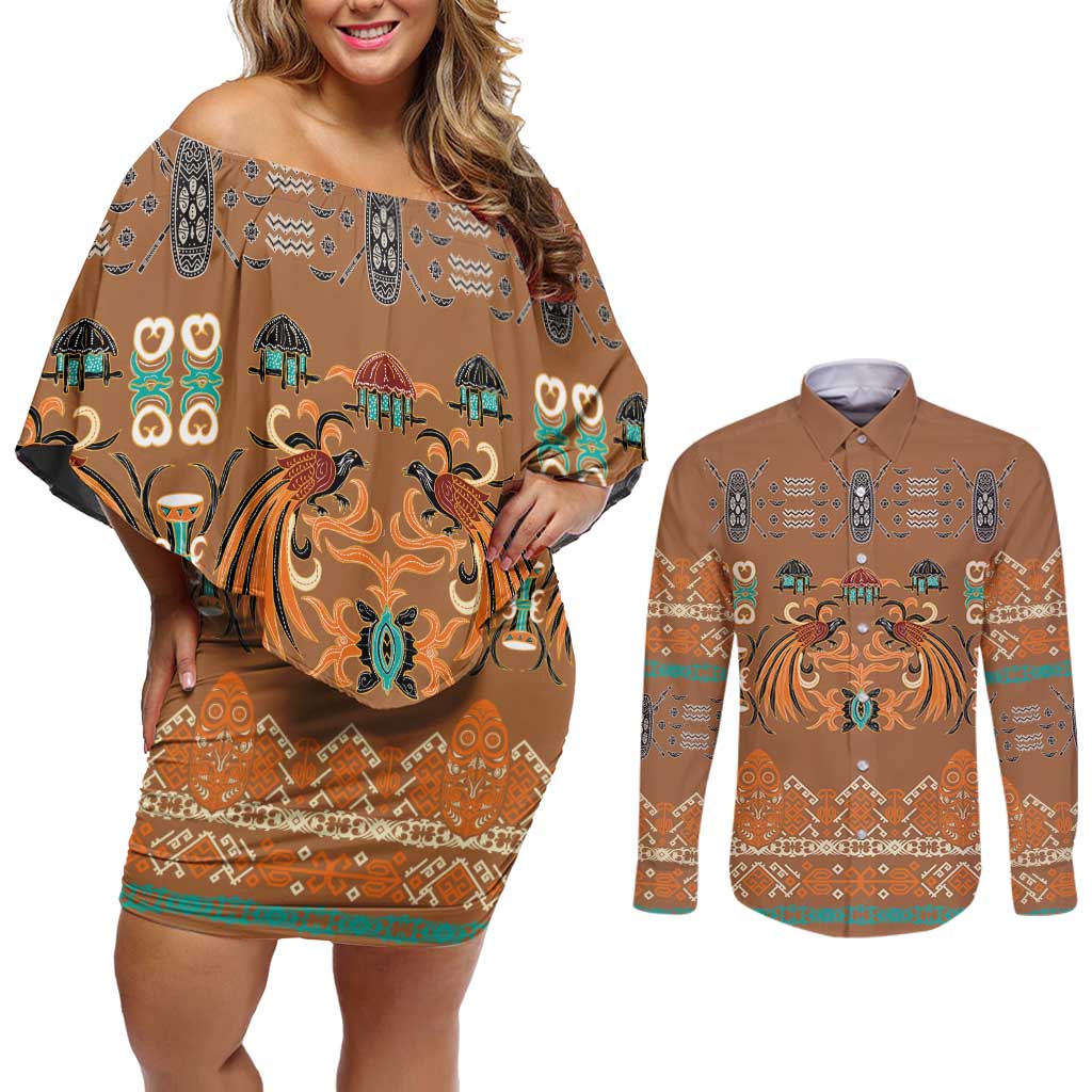 Terracotta Batik Papua-inspired Pattern Couples Matching Off Shoulder Short Dress and Long Sleeve Button Shirt LT9 Gold - Polynesian Pride