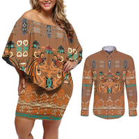 Terracotta Batik Papua-inspired Pattern Couples Matching Off Shoulder Short Dress and Long Sleeve Button Shirt LT9 Gold - Polynesian Pride