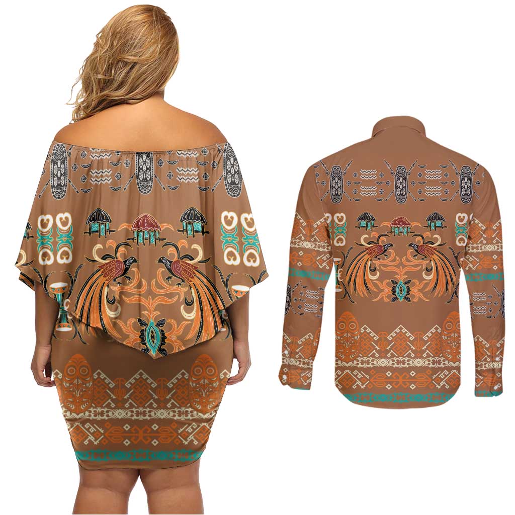Terracotta Batik Papua-inspired Pattern Couples Matching Off Shoulder Short Dress and Long Sleeve Button Shirt LT9 - Polynesian Pride