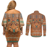 Terracotta Batik Papua-inspired Pattern Couples Matching Off Shoulder Short Dress and Long Sleeve Button Shirt LT9 - Polynesian Pride