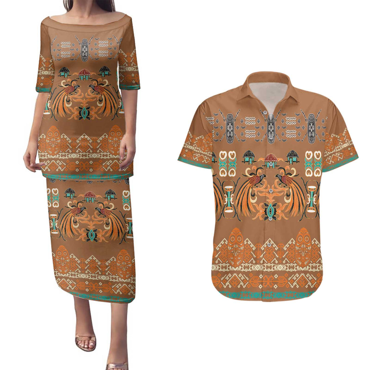 Terracotta Batik Papua-inspired Pattern Couples Matching Puletasi and Hawaiian Shirt - Polynesian Pride
