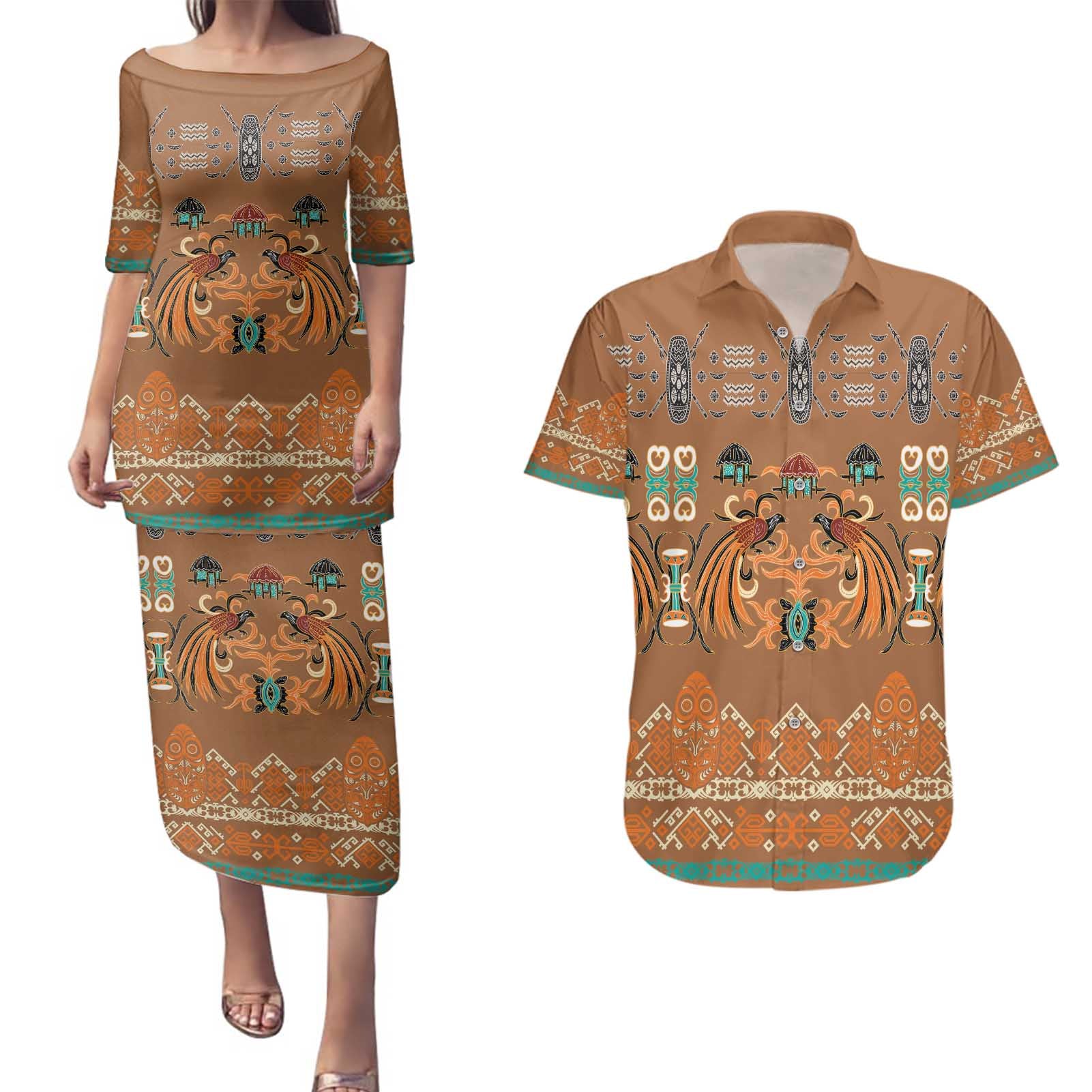 Terracotta Batik Papua-inspired Pattern Couples Matching Puletasi and Hawaiian Shirt - Polynesian Pride