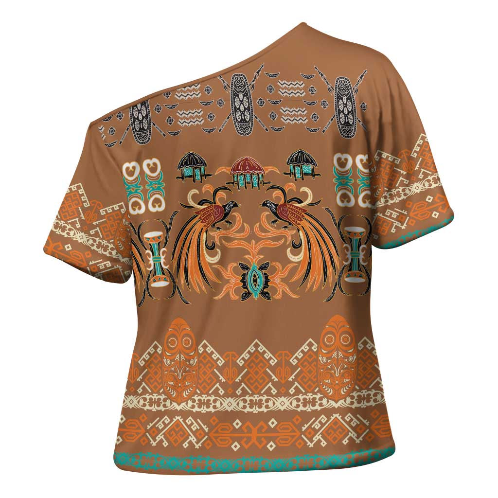 Terracotta Batik Papua-inspired Pattern Cross Shoulder Shirt LT9 - Polynesian Pride