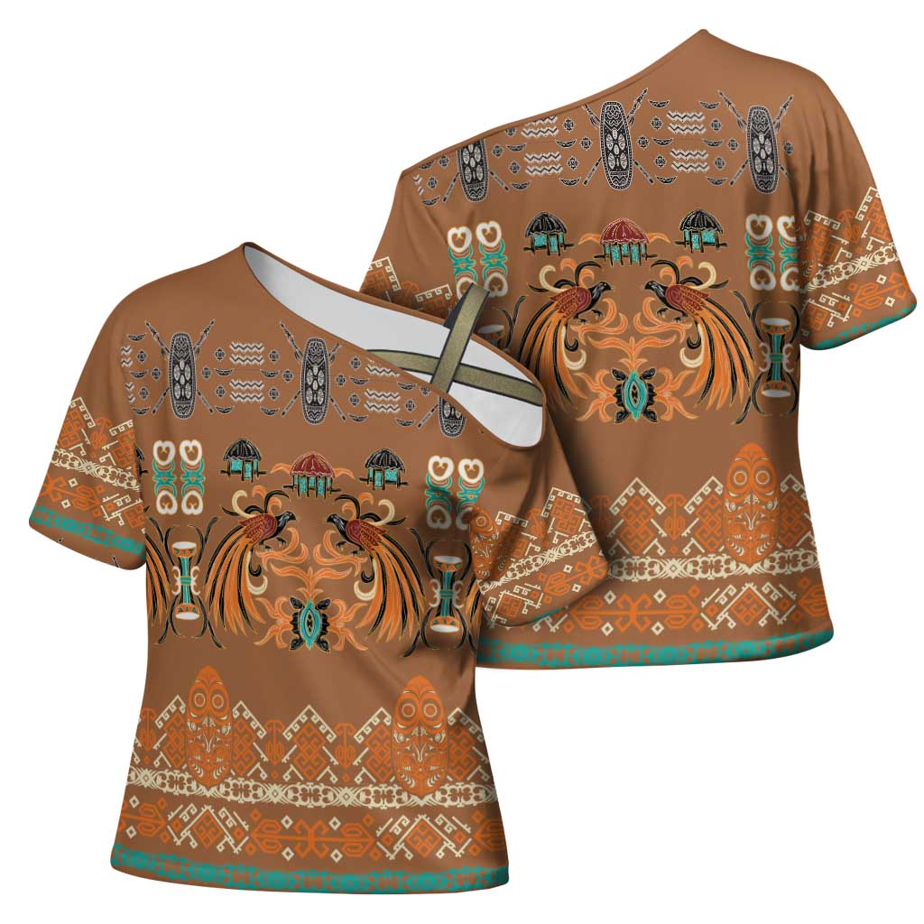 Terracotta Batik Papua-inspired Pattern Cross Shoulder Shirt LT9 - Polynesian Pride