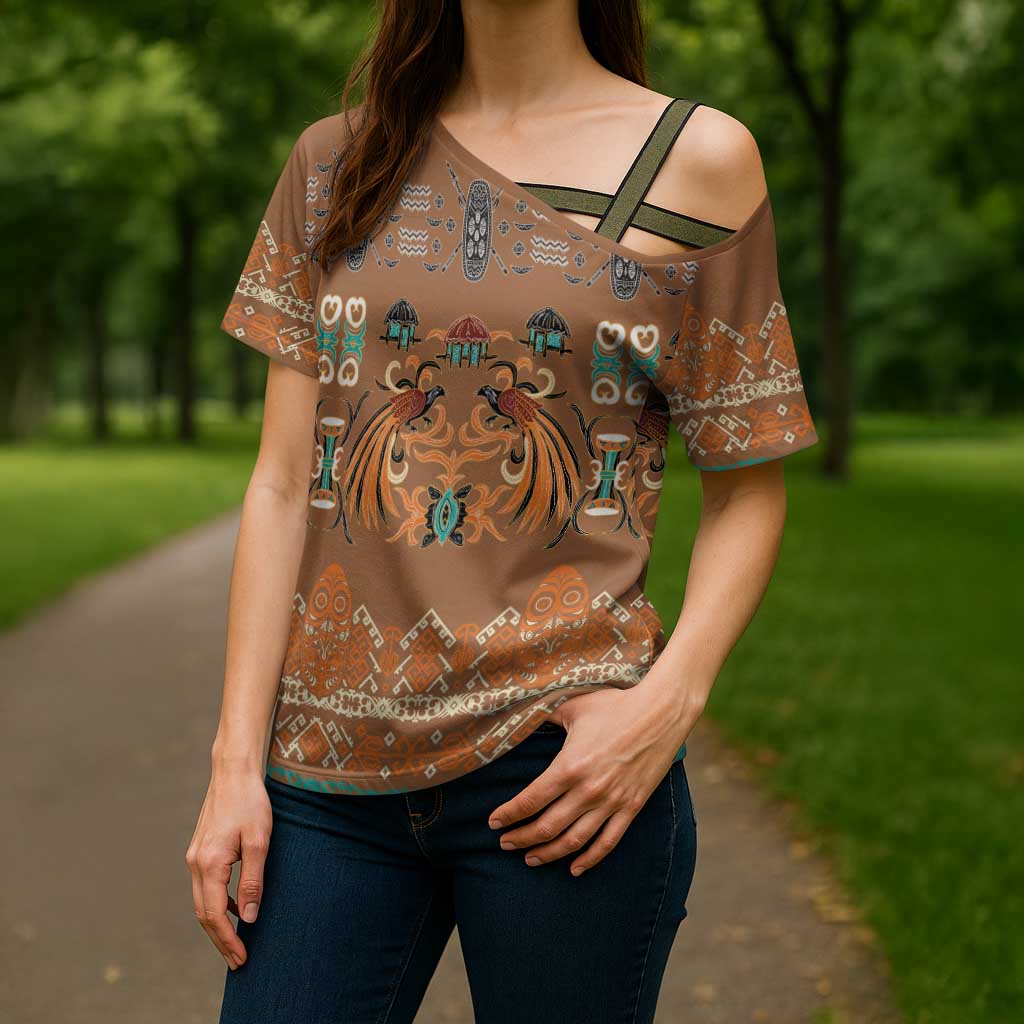 Terracotta Batik Papua-inspired Pattern Cross Shoulder Shirt LT9 - Polynesian Pride
