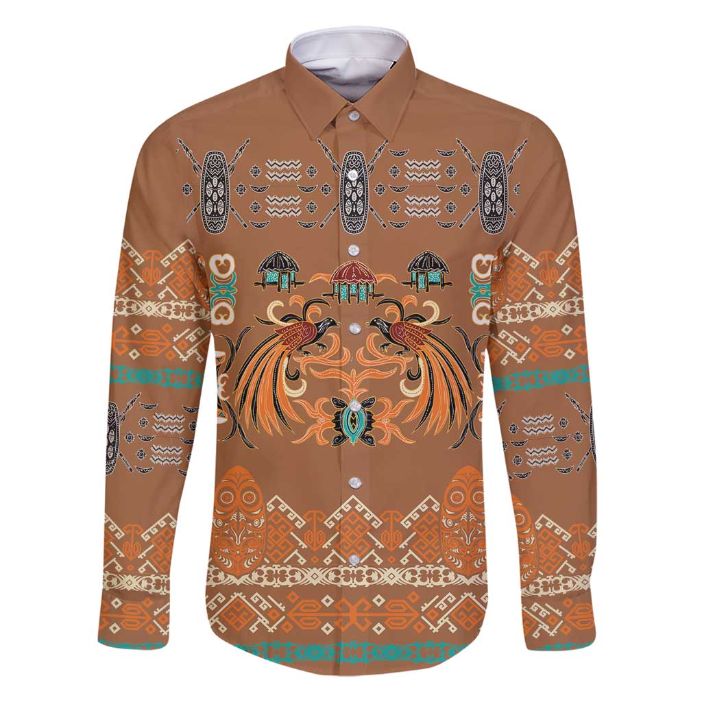Terracotta Batik Papua-inspired Pattern Family Matching Long Sleeve Bodycon Dress and Hawaiian Shirt LT9 Dad's Shirt - Long Sleeve Gold - Polynesian Pride